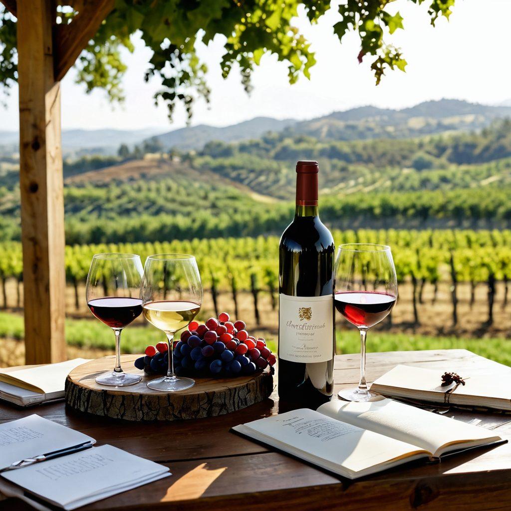 A rustic wooden table adorned with an array of wine bottles: rich reds, crisp whites, and delicate rosés, surrounded by lush grapevines and a picturesque vineyard landscape in the background. Soft, warm lighting enhances the inviting atmosphere, while elegant wine glasses are half-filled, showcasing the colors of the wines. A tasting notebook and a pair of tasting notes lay beside the glasses, inviting exploration. This scene captures the essence of wine appreciation and discovery. super-realistic. warm colors. natural setting.
