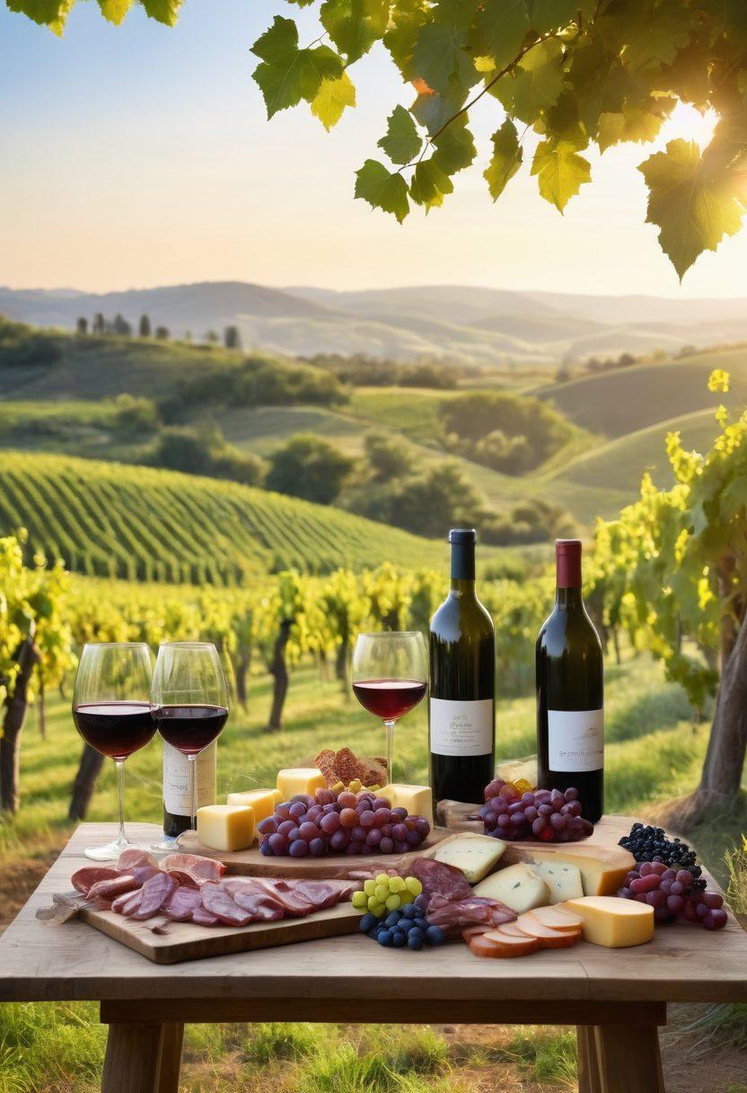 A picturesque vineyard landscape featuring rolling hills covered in lush grapevines, with a variety of wine bottles artfully arranged in the foreground. Include a rustic wooden table set with gourmet food pairings, like cheese and charcuterie, under a clear blue sky. Capture the warmth of golden sunlight illuminating the scene, evoking a sense of exploration and indulgence. vibrant colors. super-realistic. soft focus.