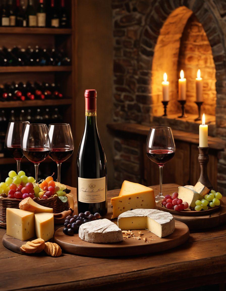 A beautifully arranged wooden table set with an elegant wine decanter, filled glasses reflecting the shimmering wine, and a rustic cellar backdrop with shelves of bottles. Include an array of gourmet cheeses and fruits surrounding the wine, creating an inviting atmosphere. Soft candlelight adds warmth, enhancing the tasting experience. super-realistic. warm tones. elegant atmosphere.